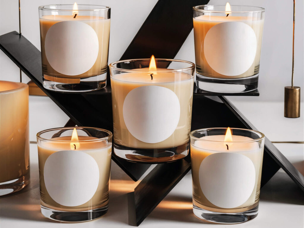 aromatic candles in clear glass cups with round white stickers for candle company name