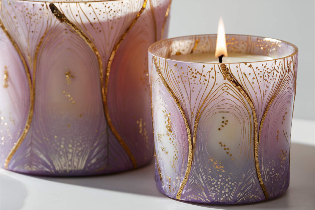 candles in purple glass cups decorated with gold ornaments