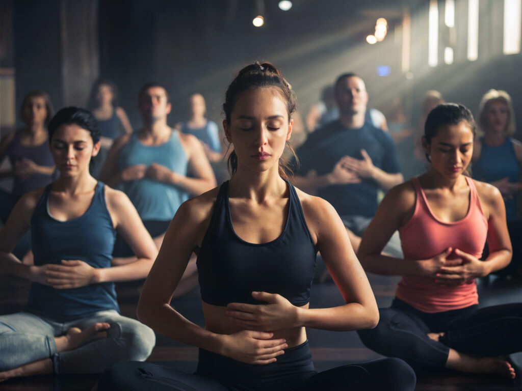 group of people doing breathwork exercises in the fitness club