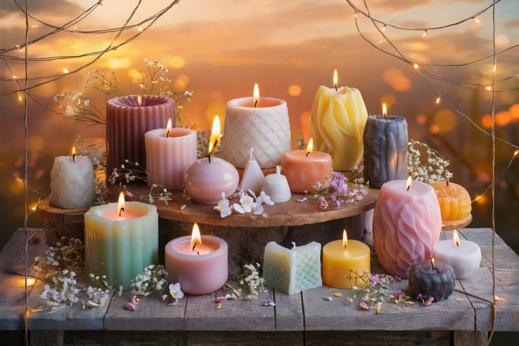 multiple aromatic candles of different forms