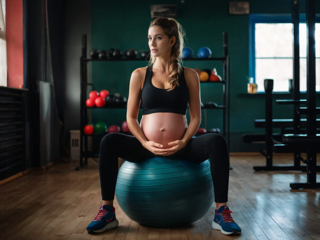 pregnant woman doing fitness on exercise ball in the gym