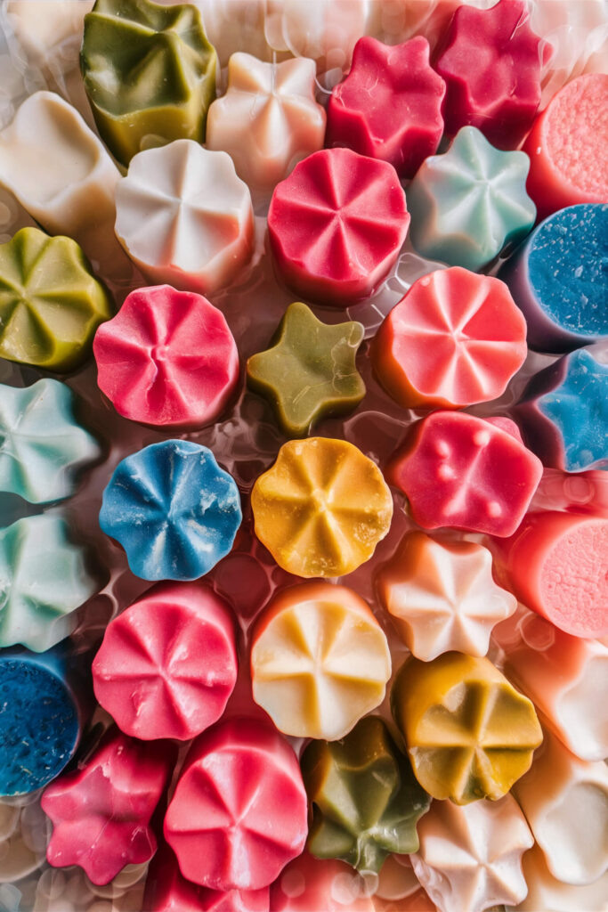 a stunning close up photograph of vibrant wax melts