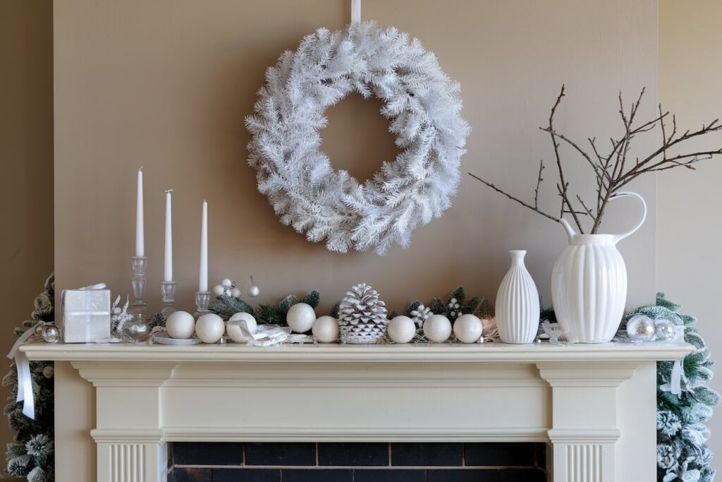 all-white Christmas mantel decor ornaments, white pinecones, white vases, write wreath