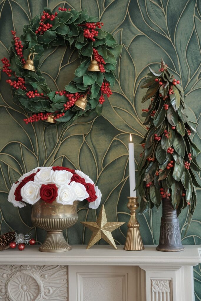 Art Nouveau style Christmas mantel magnolia wreath