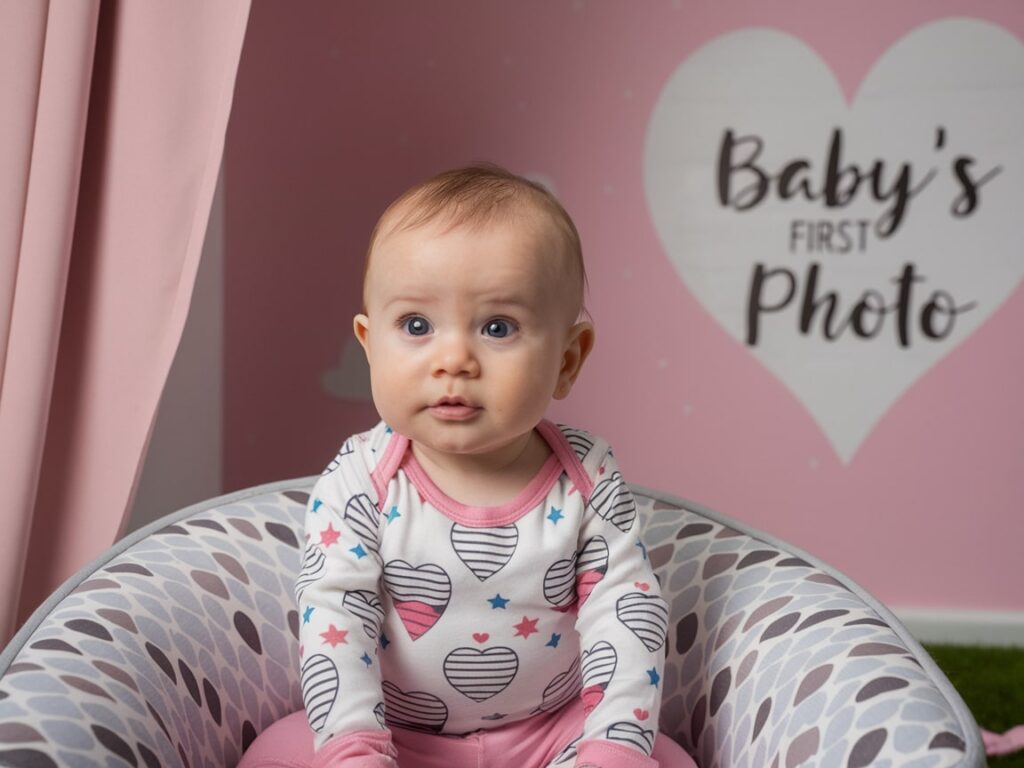 baby in a photo studio wears clothes with hearts, pink background