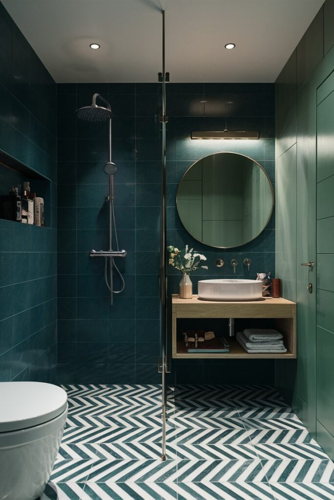bathroom in dark green and white colors with shower