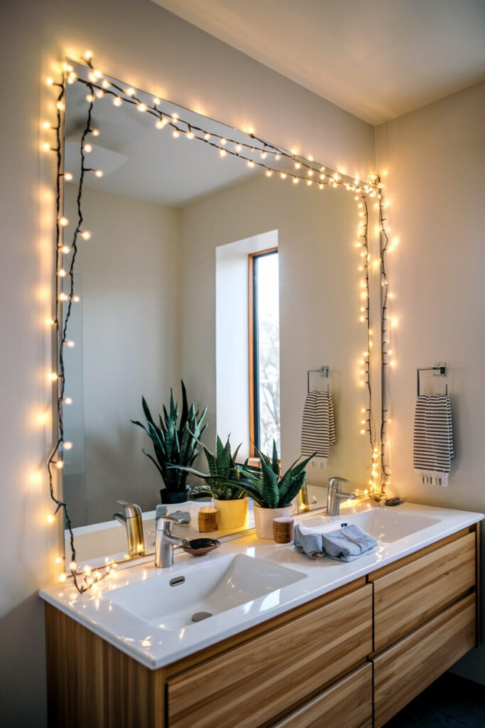 bathroom vanity with a large rectangular mirror twinkling lights as Christmas decor