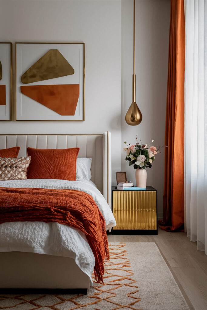 bedroom in white and orange tones with gold accents