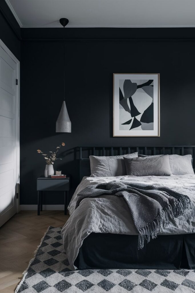 bedroom with base black color and gray accents, bedding, lamp, gray bedside table