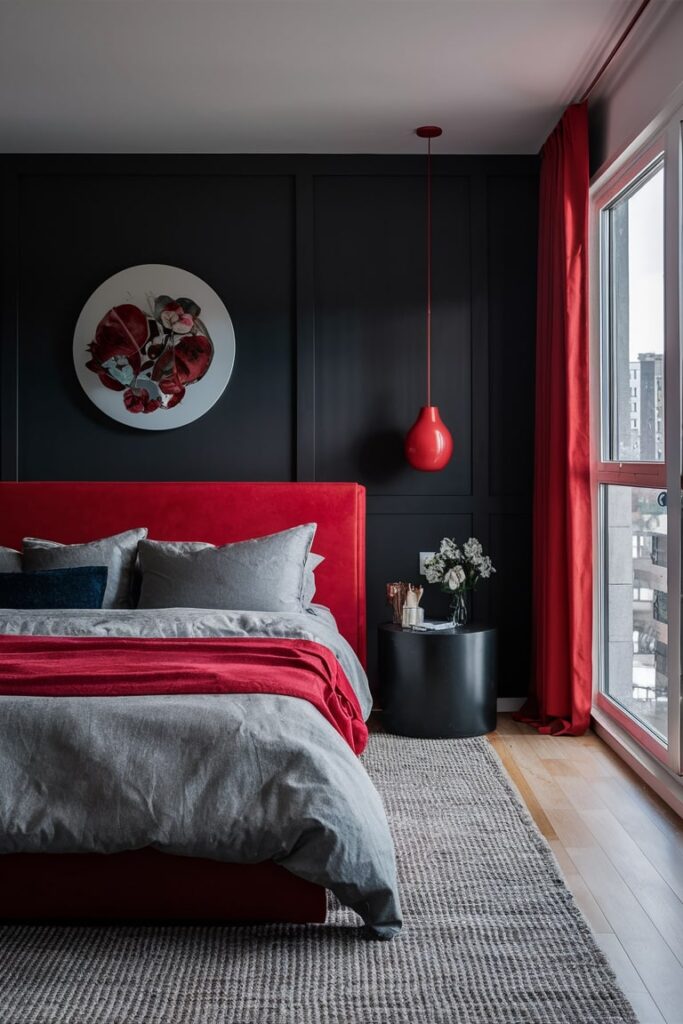 bedroom with black color walls, bedside table, and red accent color headboard, curtains, red pendant lamp