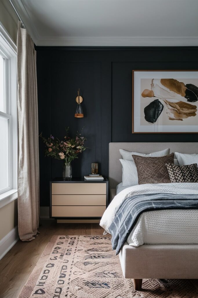 bedroom with base black wall color and beige accents curtains, bedside table