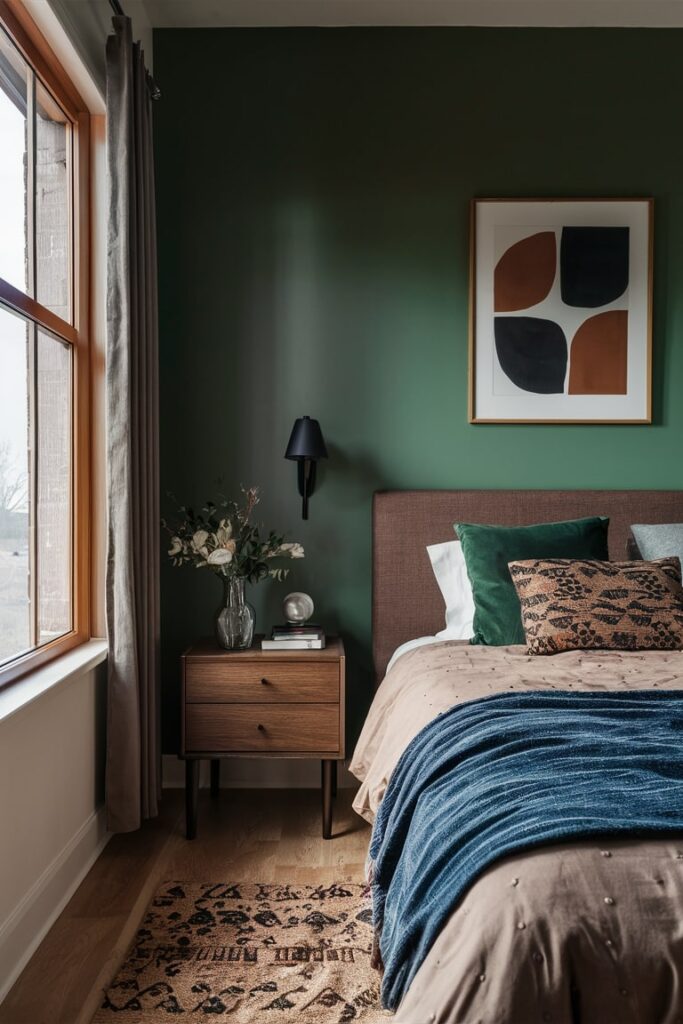 bedroom with combination of dark green walls and cocoa brown bed