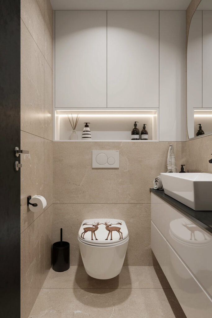 beige tiles adorn the walls of a modern bathroom with reindeer toilet cover Christmas decor idea