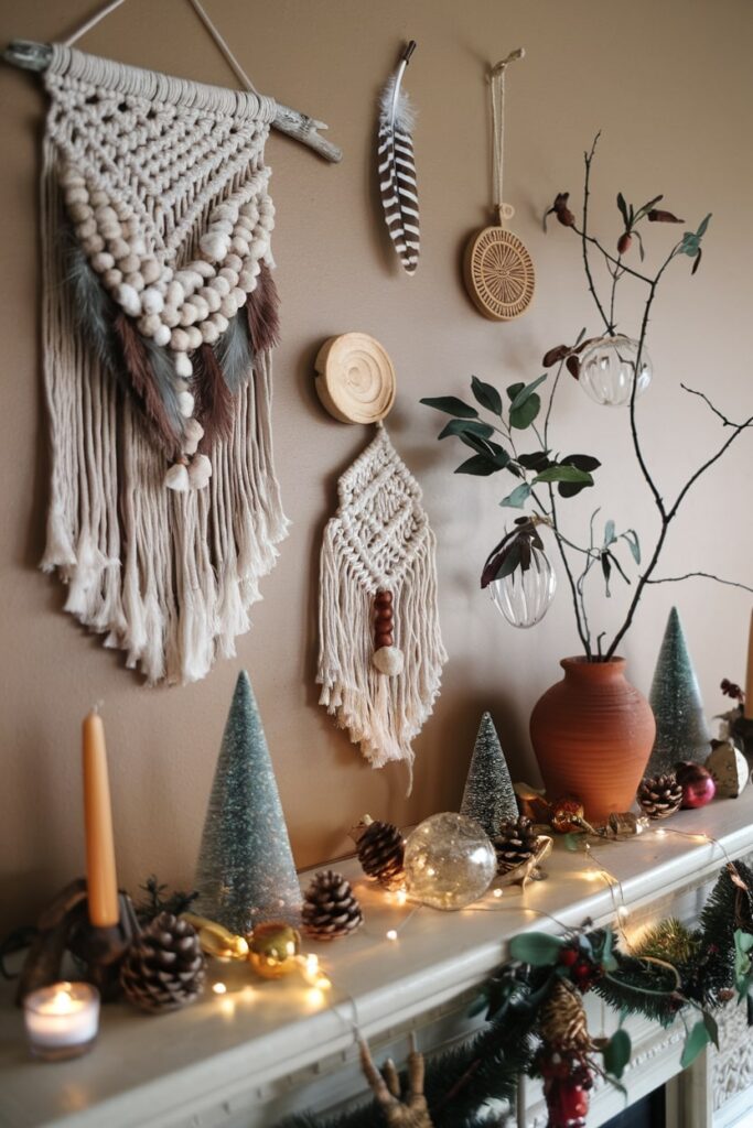 bohemian eclectic Christmas mantel arrangement macrame