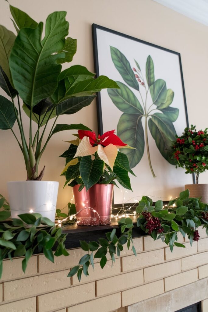 botanical lush green themed Christmas mantel with a Poinsettia flower