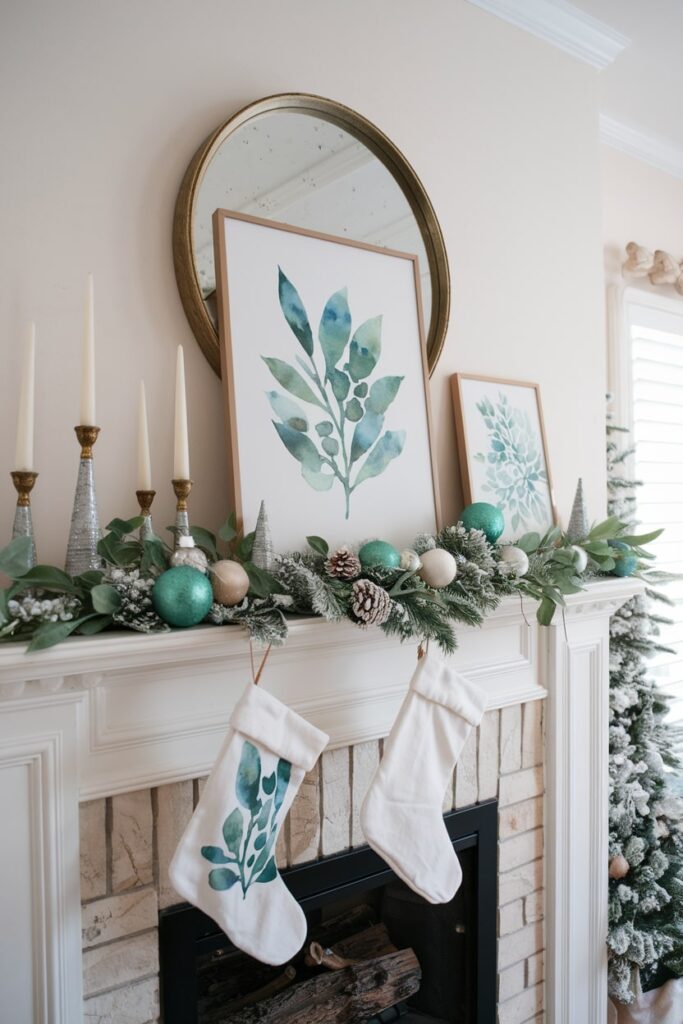 botanical watercolor painting Christmas mantel decor