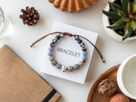 bracelet with different pattern beads on the white box