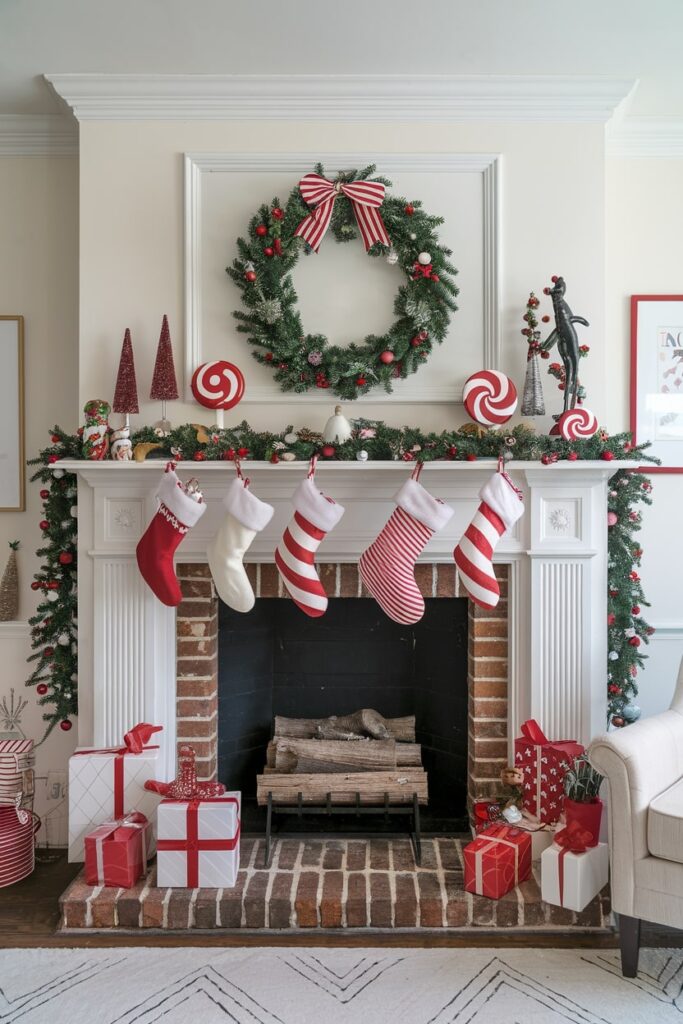 candy cane wonderland theme for Christmas fireplace red and white colors