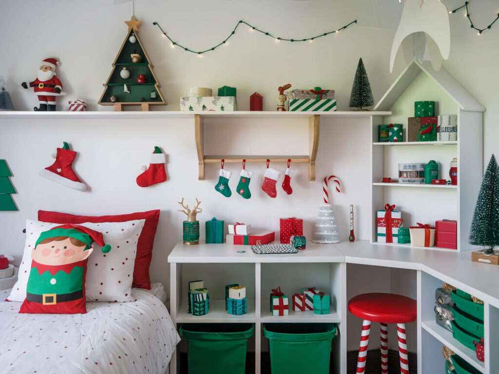 children bedroom with red, green, white decorations for Christmas