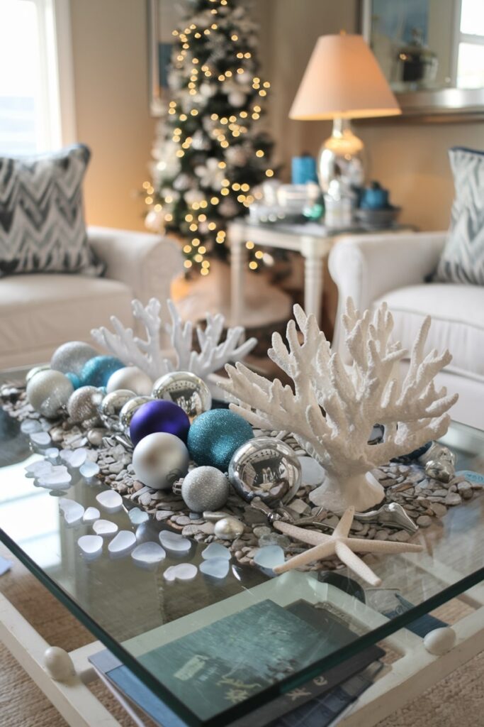 Christmas coffee table coastal decorations white coral, silver and blue ornaments