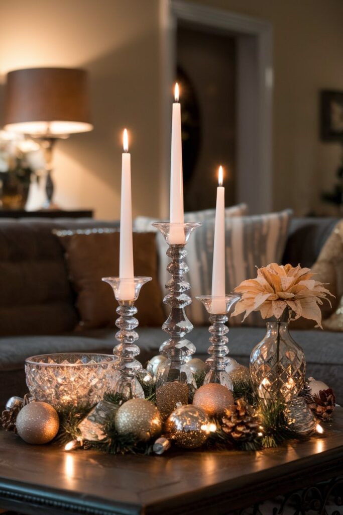 Christmas coffee table decor crystal candlesticks