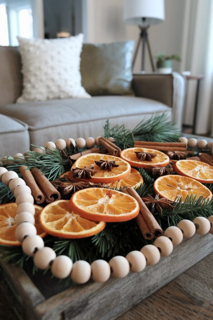 Christmas coffee table decor tray with dried orange slices, cinnamon sticks, star anise, fresh pine sprigs garlands