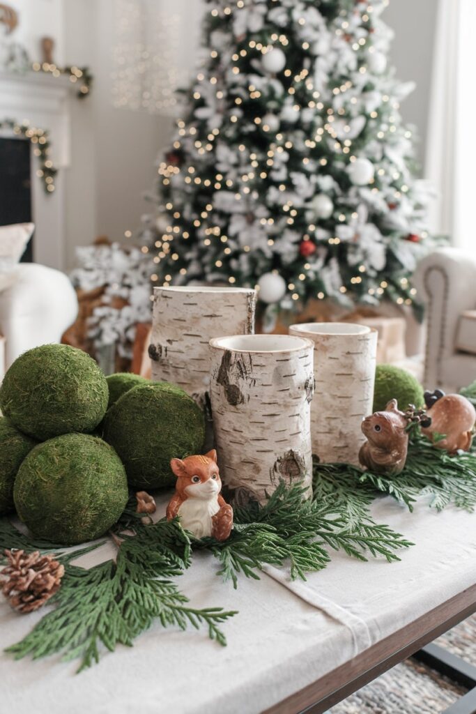 Christmas coffee table decorated with moss covered balls, birch, small woodland creatures, cedar sprigs