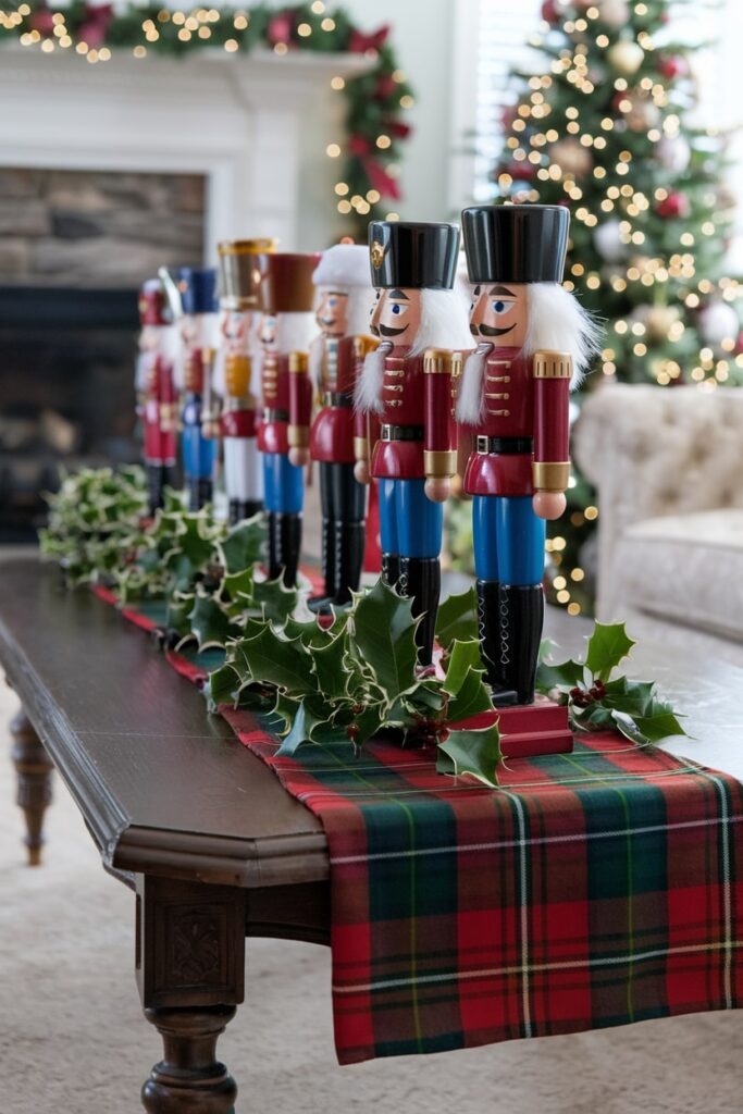 Christmas coffee table decorated with nutcrackers, tartan runner