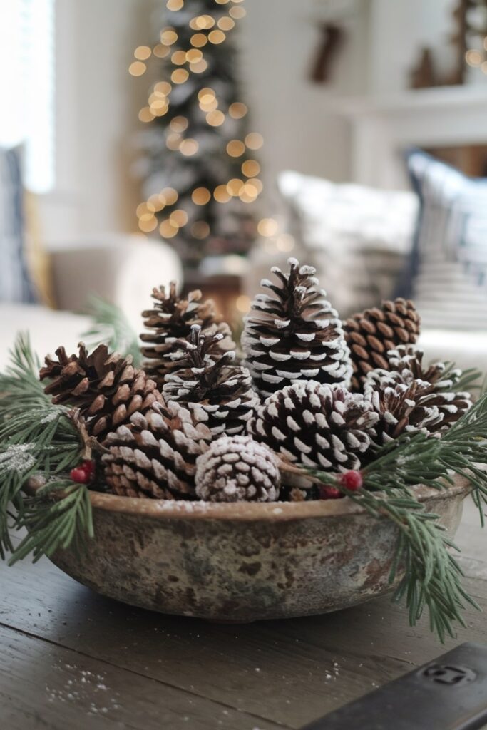 Christmas coffee table decorated with pinecones, artificial snow, fresh cedar sprigs