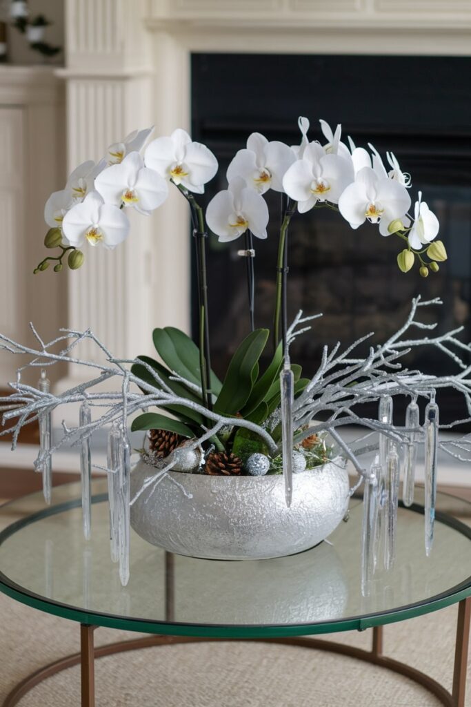 Christmas coffee table decorated with white orchid, glass icicles