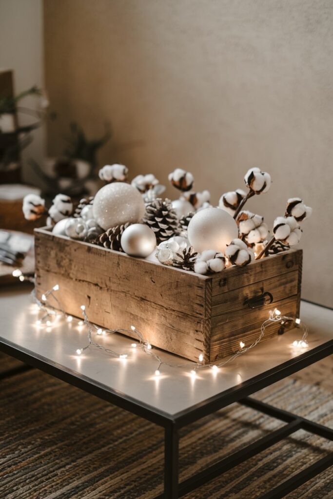 Christmas coffee table rustic wooden box filled with white ornaments pinecones fluffy cotton stems