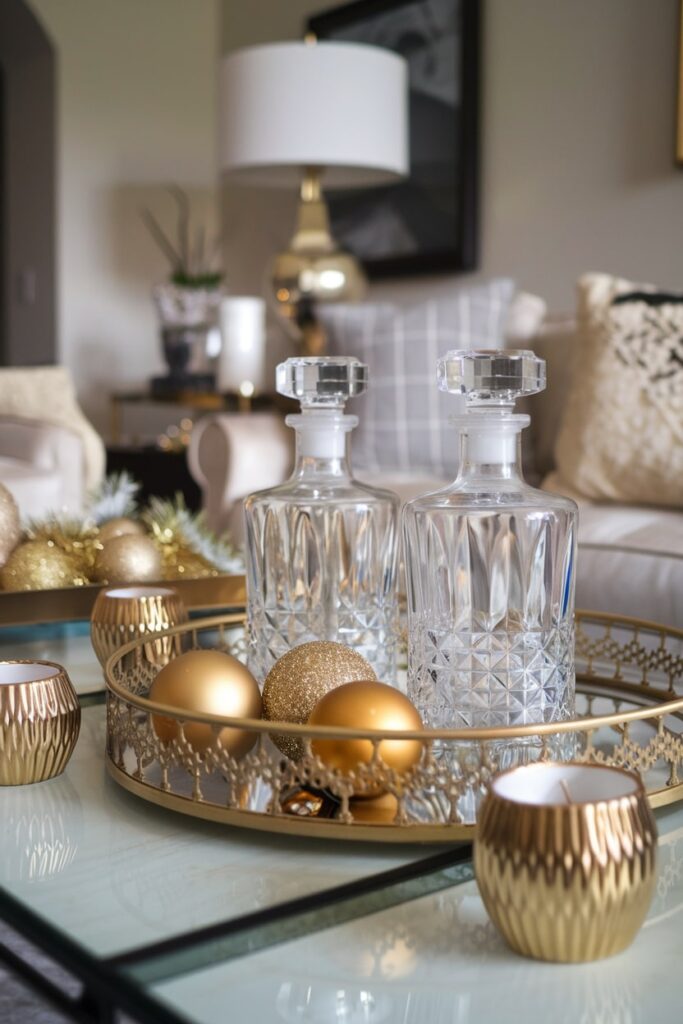 Christmas coffee table with gold ball ornaments and crystal decanters