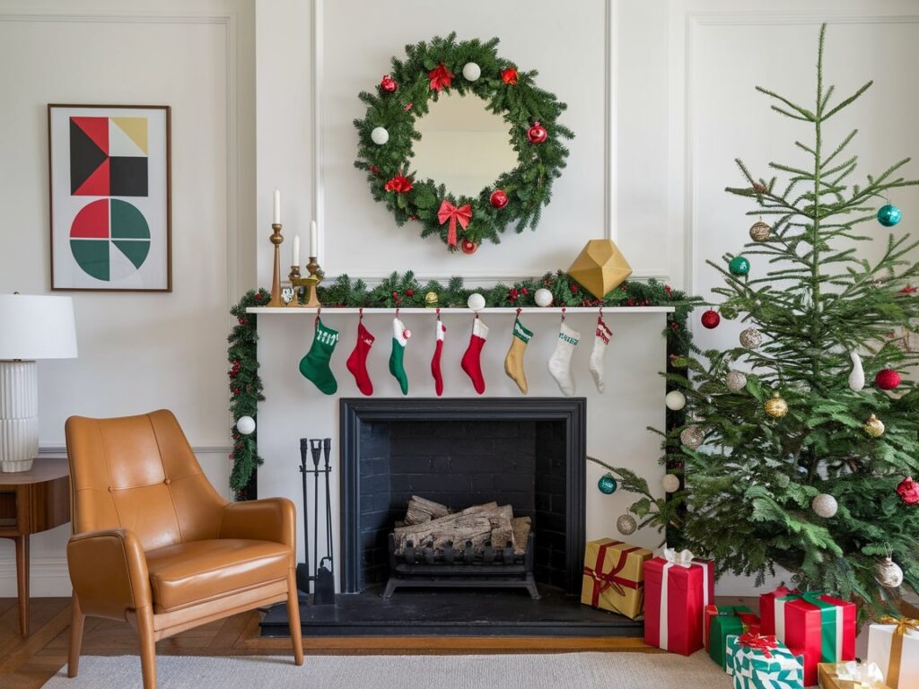 Christmas fireplace decor combined with vintage mid-century design elements