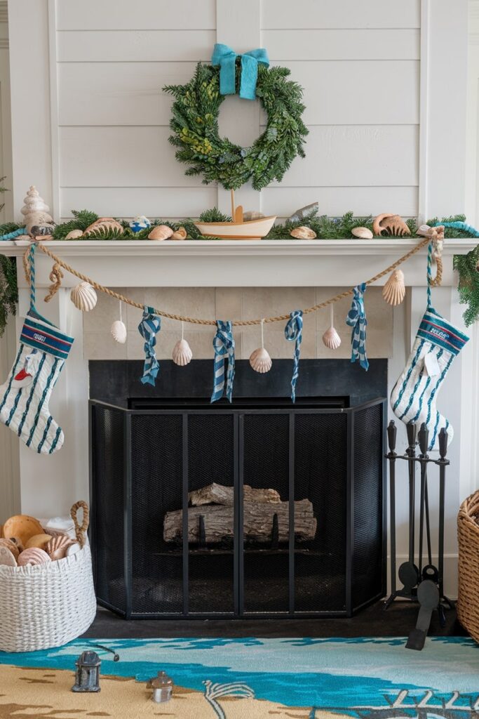 Christmas fireplace with coastal theme decor, shells