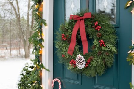 Christmas front door decorations wreath wit hred bow, pinecones, and red berries