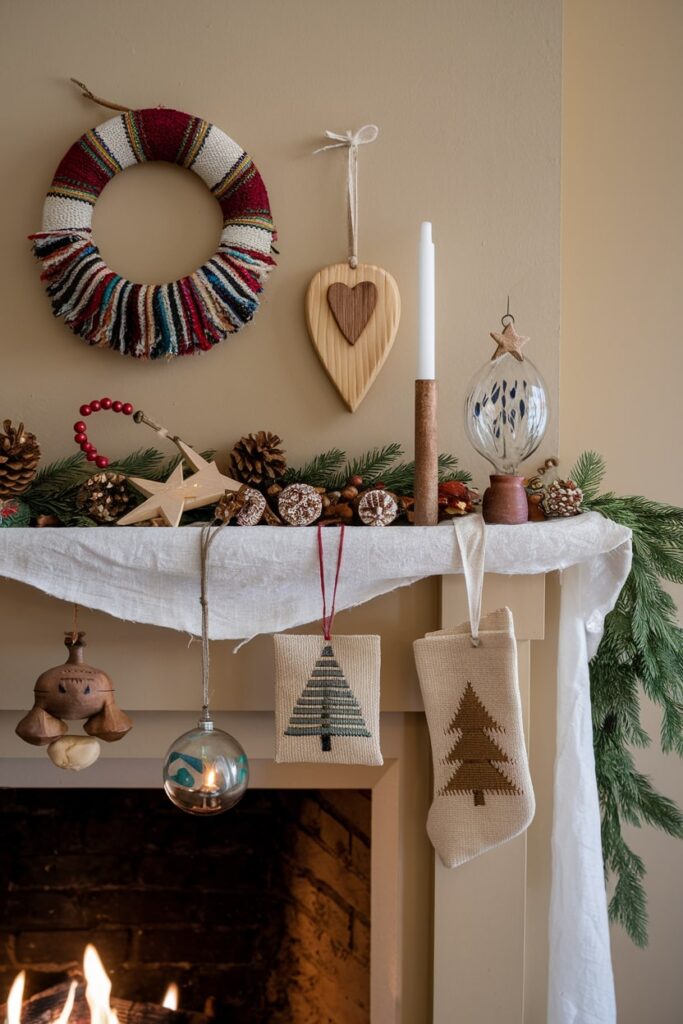 Christmas mantel arrangement with textile decor