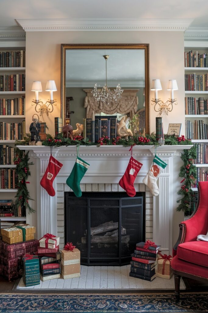 Christmas mantel decorated with books