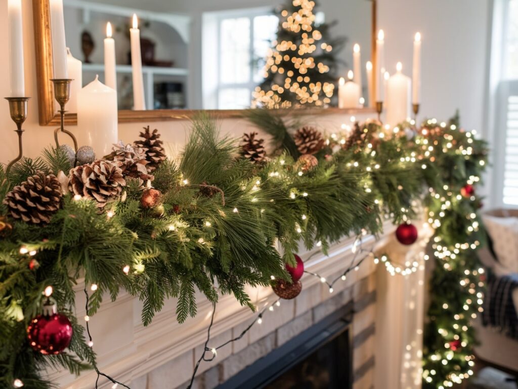 Christmas mantel decorated with classic garland and white lights