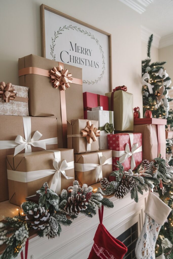 Christmas mantel decorated with wrapped gift boxes