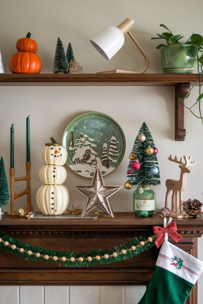 Christmas mantel with diverse traditions decor pumpkin snowman