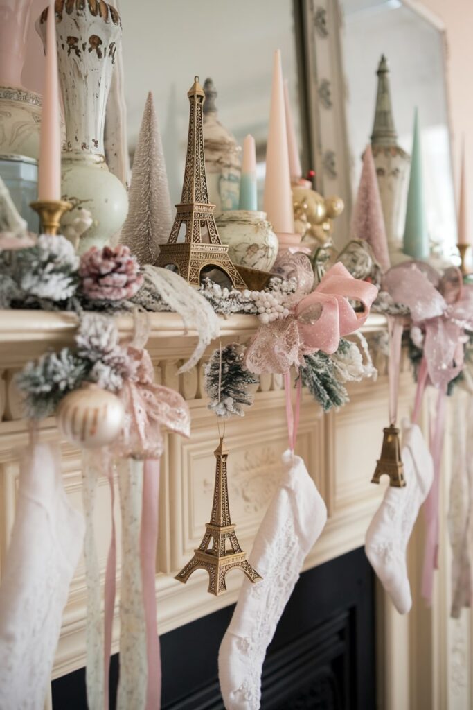 Christmas mantel with a Parisian theme pink color, Eiffel Tower decor