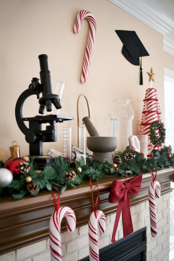 Christmas mantel with a vintage scientific candy laboratory glass flasks microscope