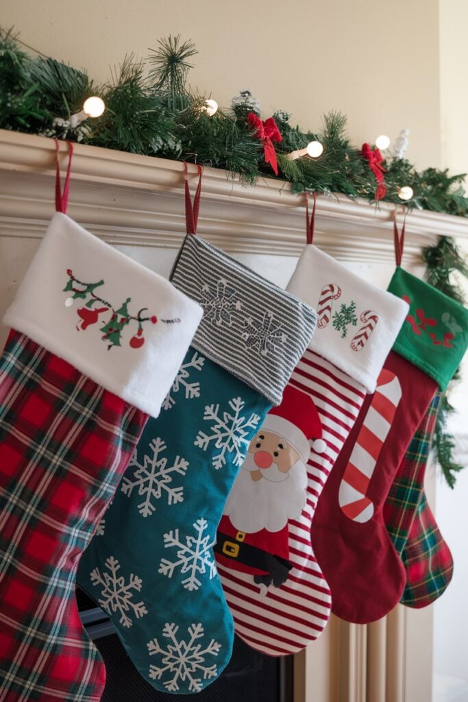 Christmas mantel with classic stocking decor