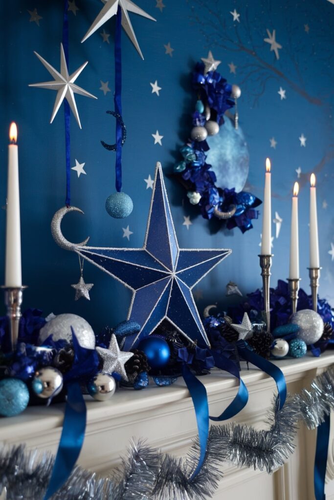 Christmas mantel with magical winter night display star decorations blue color, wall decals