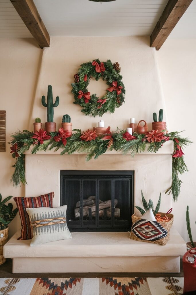 Christmas mantel with warm terracotta tones cactus Southwestern desert