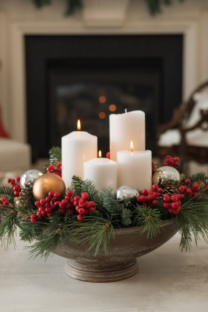 classic berry and pine white candles as Christmas coffee table decor