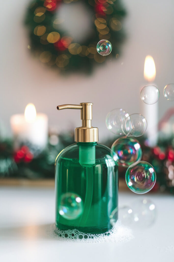 classic holiday solid green color soap dispenser with bathroom background