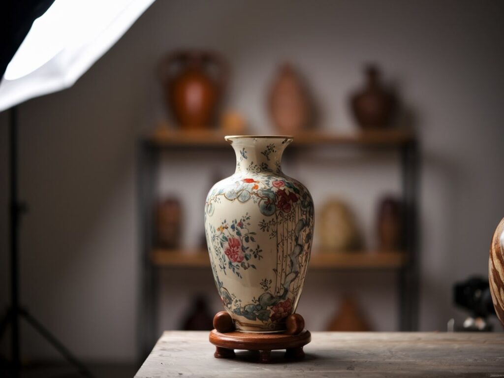 close shot of the vintage vase in a photography studio