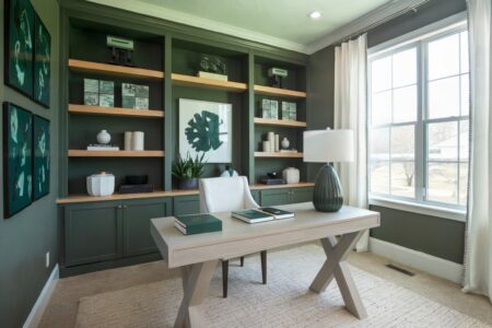 colors that go with dark green, modern home office with dark green shelves, walls