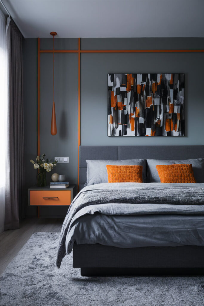 contemporary bedroom with base gray color and orange accents